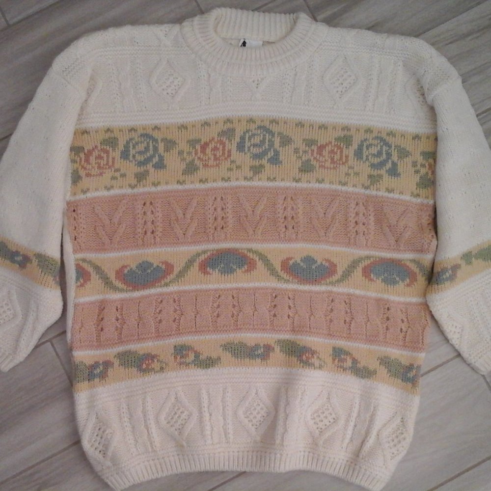 Luiber Cream Multi-color Floral Crewneck Sweater Size XL